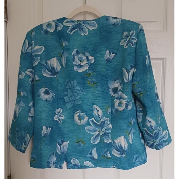 Vintage Leslie Fay Floral Blazer Jacket Round Neck Y2K White Turquoise‎ 12 - Picture 2 of 5